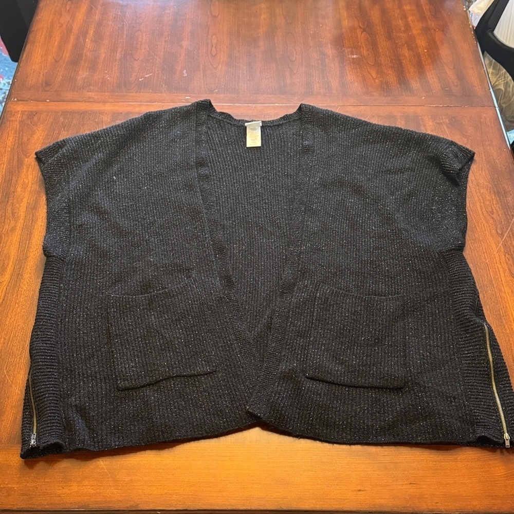 CAbi Oversized Black Open Cardigan Poncho with side zipper accents